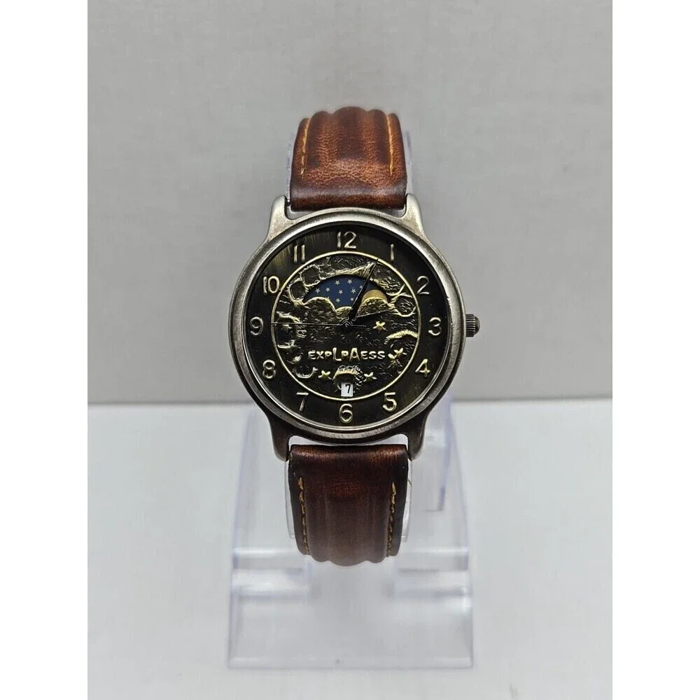 LA Express Moon And Stars Quartz Watch Day Night Date Brown Leather New Battery
